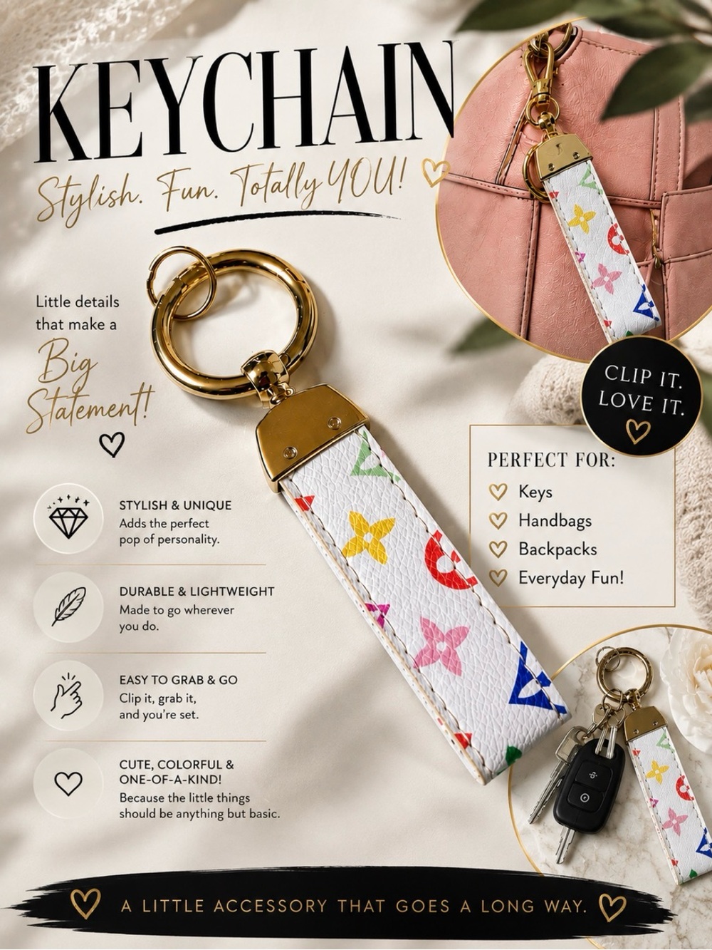 Colorful Monogram Pattern Leather Keychain Strap - Pink Accent